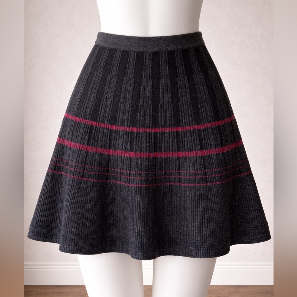 Max Studio Black Knit Circle Skirt with Burgundy Stripes